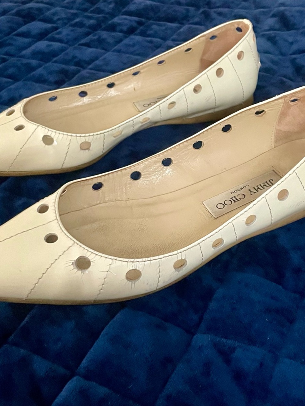 Jimmy Choo Ivory Leather Pointed-Toe Perforated Flats